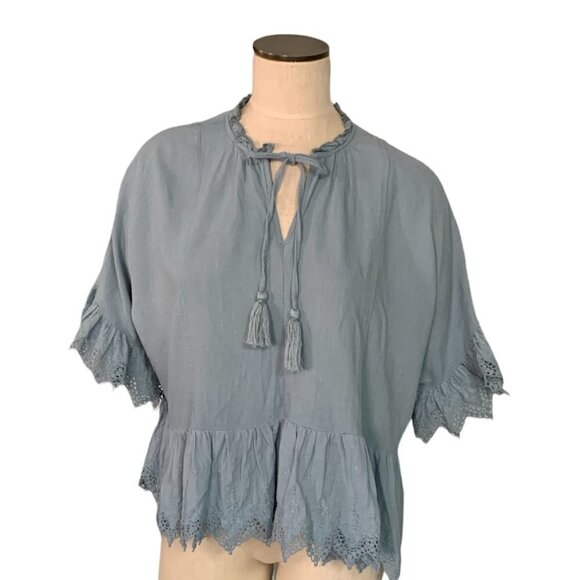 Umgee Linen Blend Top Boxy Ruffle Sleeve & Hem M Blue #19628 - Picture 8 of 11